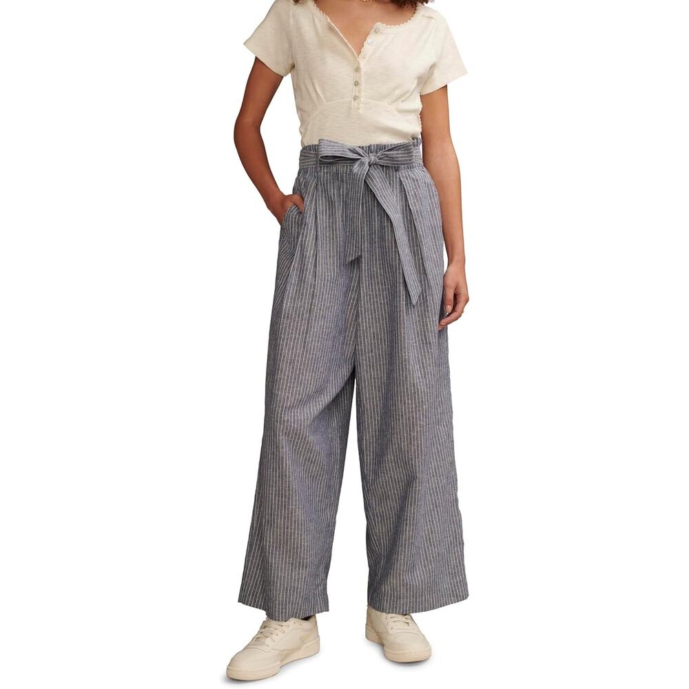 Lucky Brand Blue + White Striped Chambray Pull On Wide Leg Coastal Pants Large